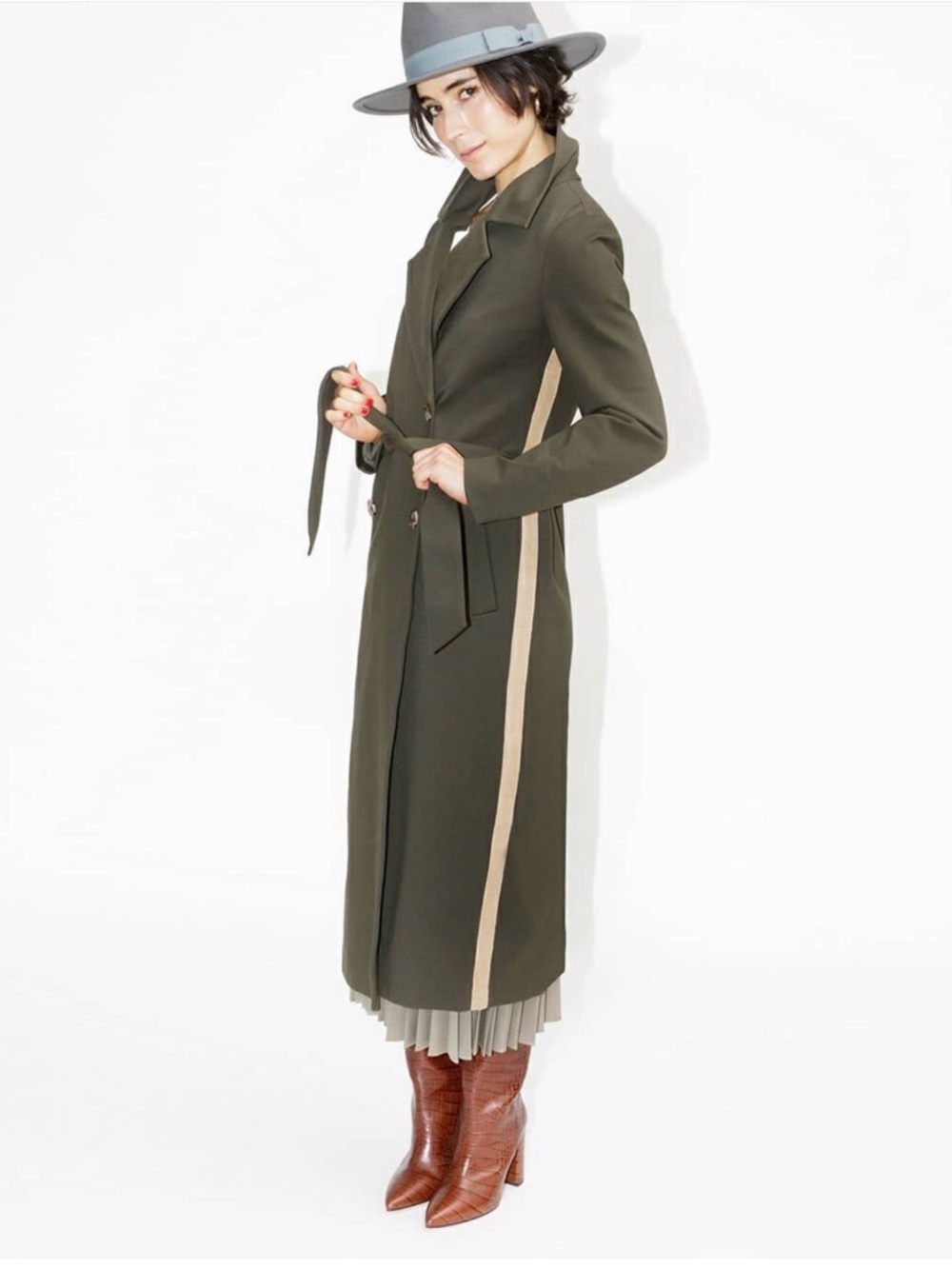 Classic Six Ali Coat Sz4 - long, trench-style, double-breasted Army/Olive Green